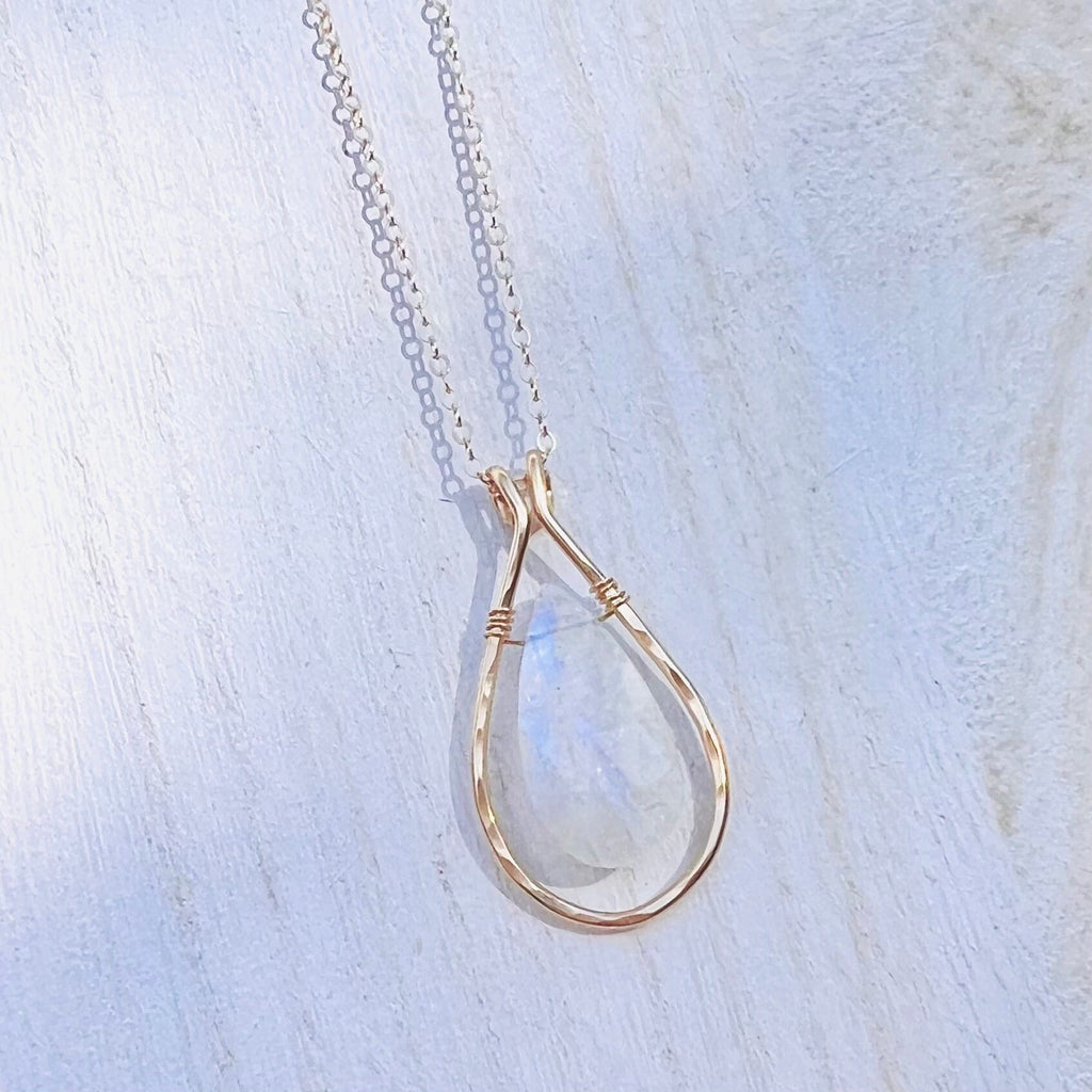 Large Rainbow Moonstone Framed Necklace June Birthday Gold Necklace