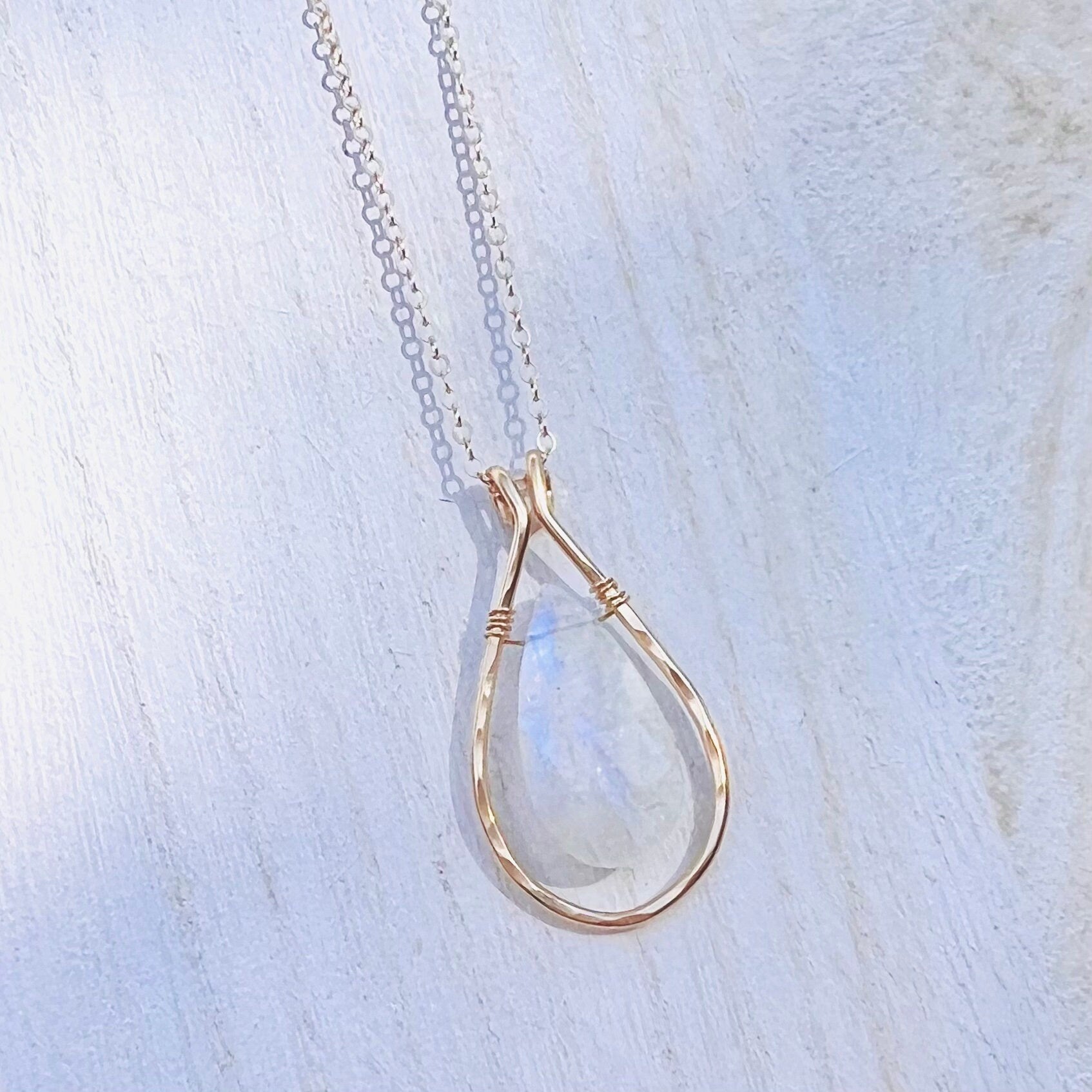 Large Rainbow Moonstone Framed Necklace June Birthday Gold Necklace