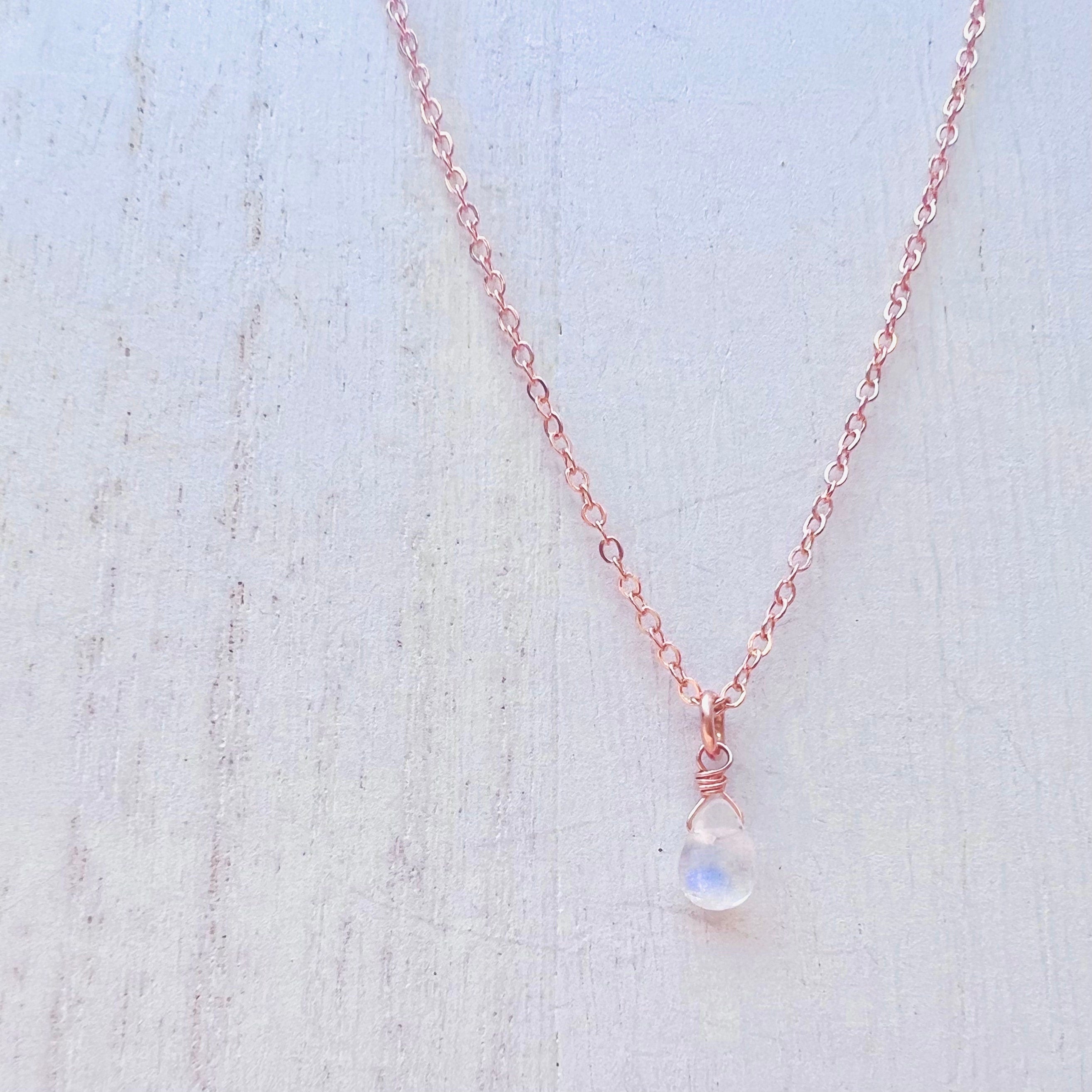 Tiny Rainbow Moonstone Drop Necklace