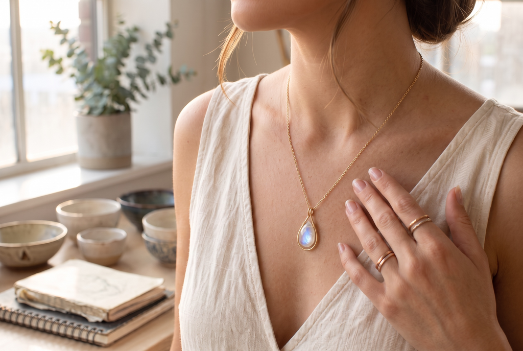 Large Rainbow Moonstone Framed Necklace June Birthday Gold Necklace