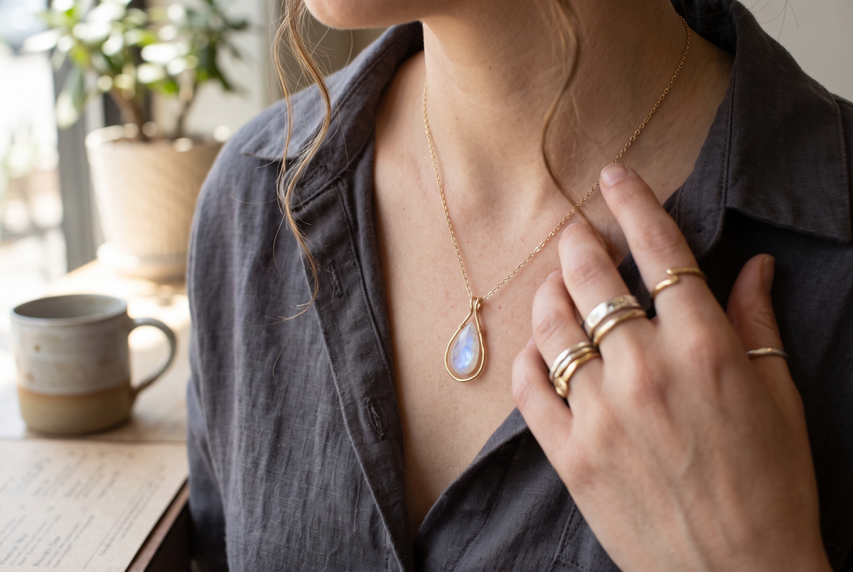 Large Rainbow Moonstone Framed Necklace June Birthday Gold Necklace
