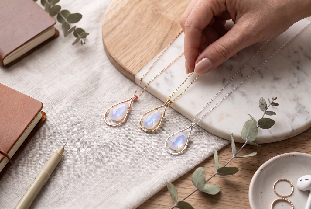 Large Rainbow Moonstone Framed Necklace June Birthday Gold Necklace