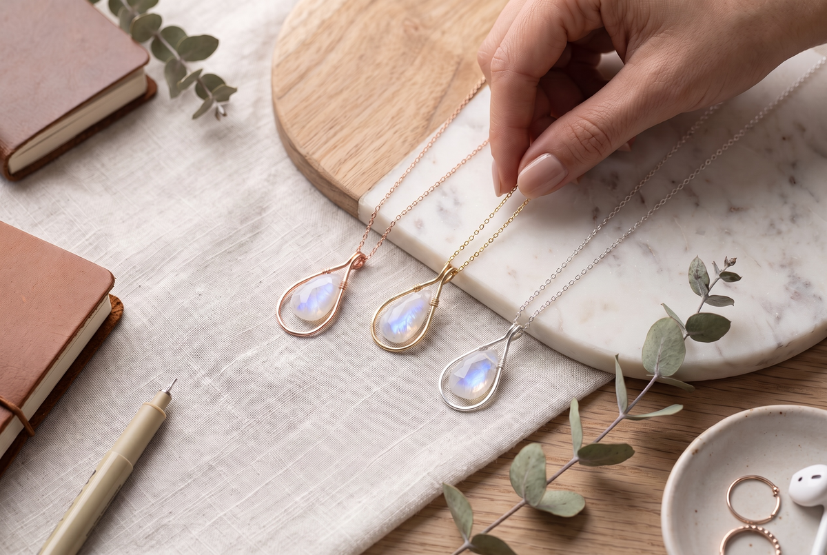 Large Rainbow Moonstone Framed Necklace June Birthday Gold Necklace