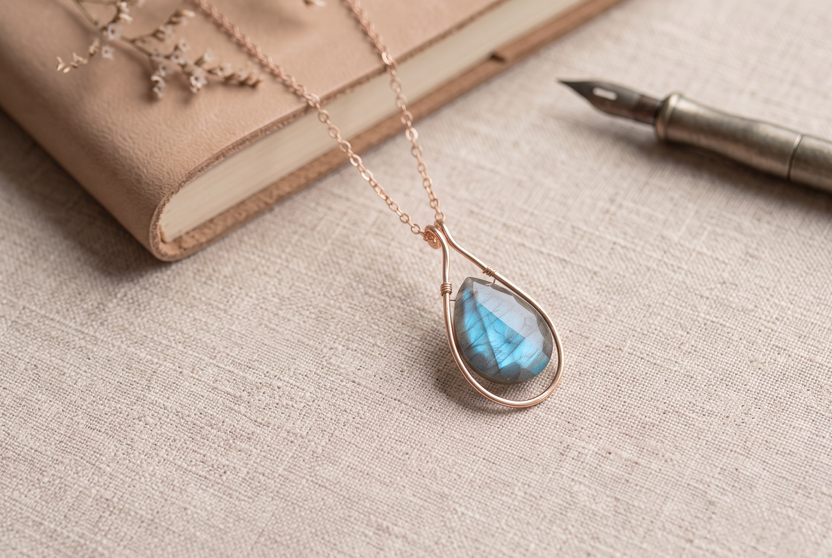 A rose gold teardrop pendant necklace with a blue labradorite stone, styled on a beige linen surface next to a book, dried flowers, and a fountain pen. The brand name 'AURÉLIE JEWELRY' is visible in the top right corner.